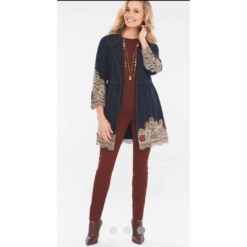 Chico’s Denim Floral Embroidered Jacket  - Size 0